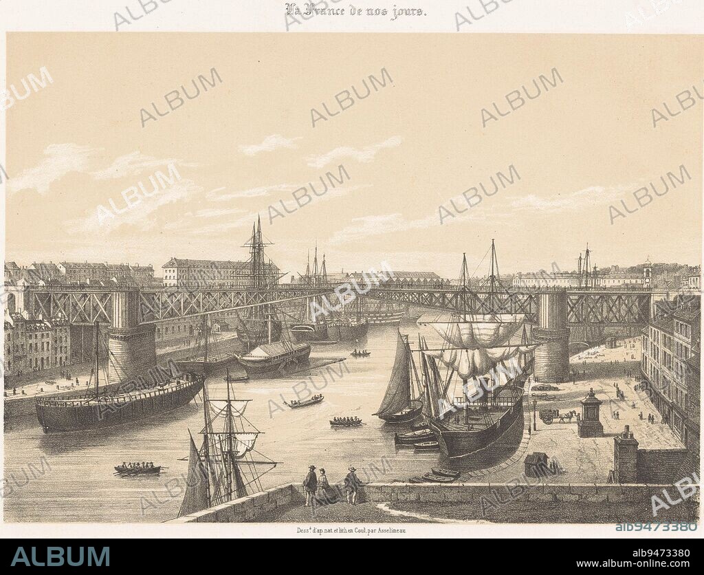 View of the new bridge over the Penfeld River in Brest Brest Nouveau pont Imp, print maker: Léon Auguste Asselineau, (mentioned on object), intermediary draughtsman: Léon Auguste Asselineau, (mentioned on object), printer: Frick frères, (mentioned on object), print maker: Rouen, intermediary draughtsman: Rouen, printer: Paris, publisher: Paris, 1863 - 1864, paper, h 291 mm × w 434 mm.