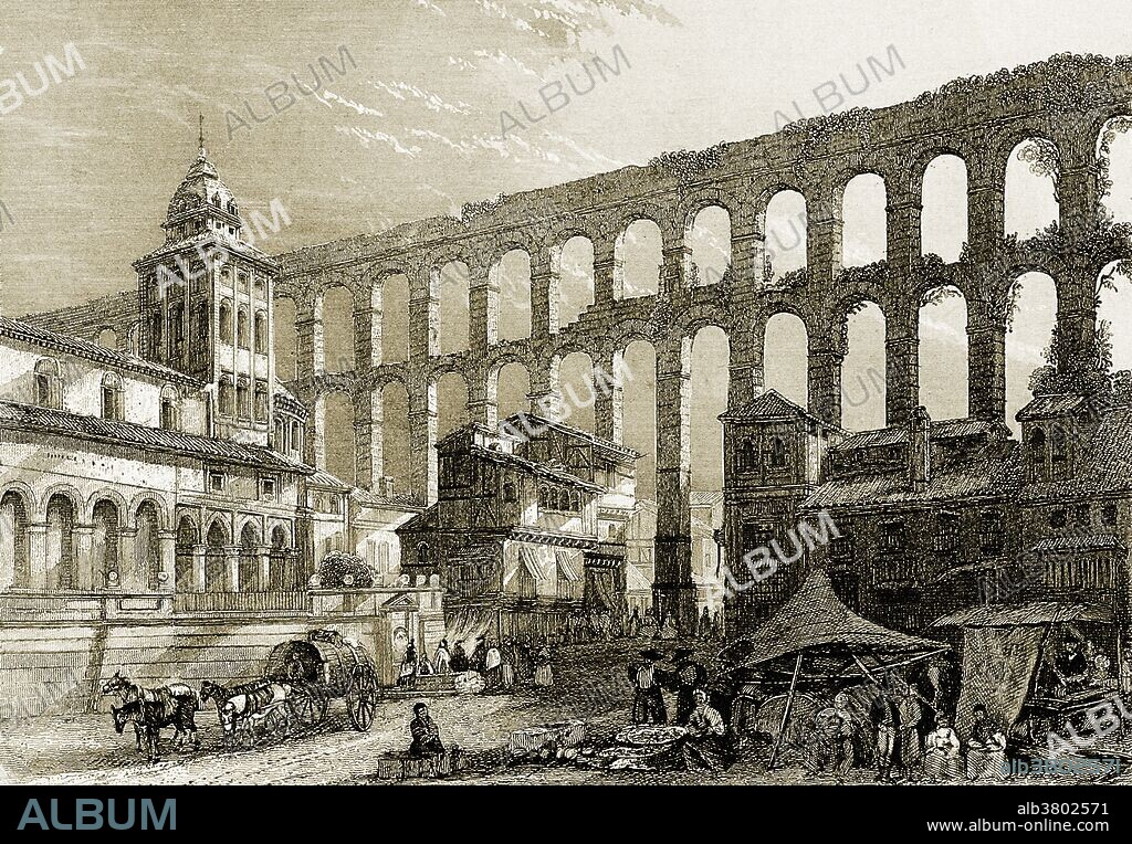 Historical engraving of the Ancient Roman aqueduct in Segovia, Spain, which is still standing.