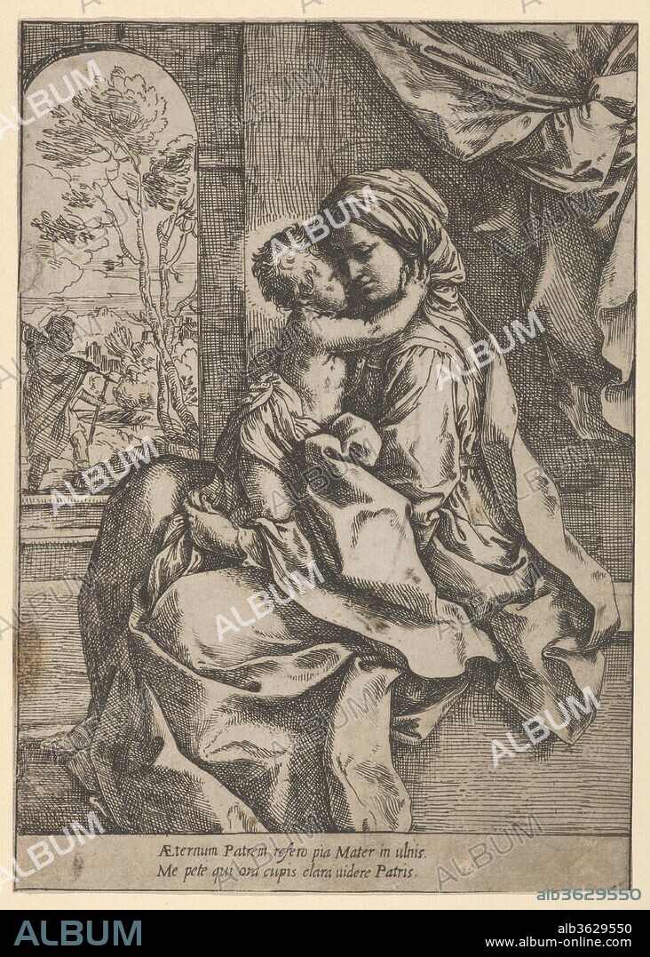 The Virgin seated with the Christ Child on her lap embracing her, Joseph seen through an archway at left. Artist: Guido Reni (Italian, Bologna 1575-1642 Bologna). Dimensions: Sheet (Trimmed): 7 3/4 × 5 1/2 in. (19.7 × 14 cm). Date: ca. 1600-1613.