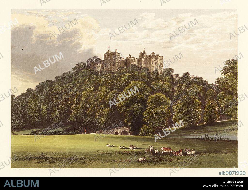 Dunster Castle, Somersetshire, England. Norman era motte-and-bailey castle remodelled in the 1860s by architect Anthony Salvin in the Gothic Revival style for the Fownes-Luttrell family. Colour woodblock by Benjamin Fawcett in the Baxter process of an illustration by Alexander Francis Lydon from Reverend Francis Orpen Morriss Picturesque Views of the Seats of Noblemen and Gentlemen of Great Britain and Ireland, William Mackenzie, London, 1880.