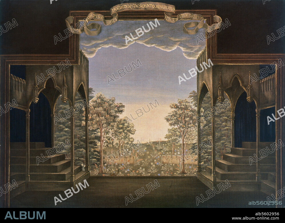 Orff, Carl; Komponist; 1895-1982. Werke: Carmina Burana (1937). Bühnenbildentwurf zum 1. Teil, Frühling, der Aufführung Dresden, Staatsoper, 1940. (Bühnenbild: Emil Preetorius; Regie: Heinz Arnold). Gouache von Emil Preetorius (1882-1972).