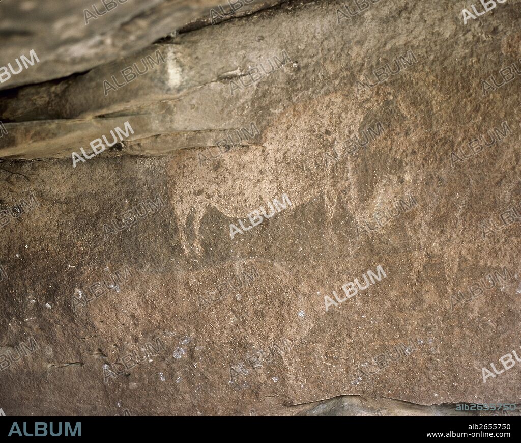 PREHISTORIA. ESPAÑA. Pintura rupestre con representación zoomorfa en la CUEVA DE LA COCINILLA DEL OBISPO. Neolítico Antiguo (5000-4000 a. c.) y es una de las muestras del ARTE RUPESTRE LEVANTINO. PRADO DEL NAVAZO. Sierra de Albarracín. Provincia de Teruel. Aragón. España.
