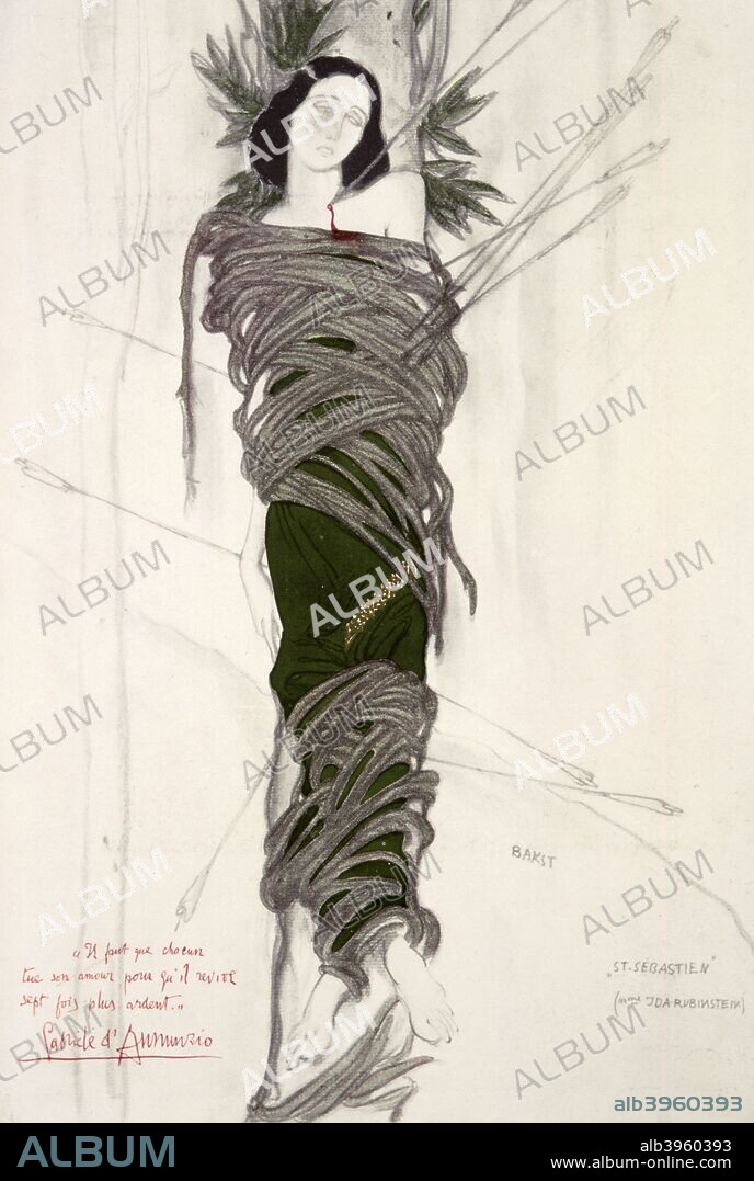 Costume design for the the ballet dancer Ida Rubinstein, 1911. Design for the performance of Debussy's Le Martyre de St Sébastien (The Torment of Saint Sebastian) at Paris's Châtelet Theatre. Published in L'Art Decoratif de Leon Bakst. (Paris, 1913). From a private collection.