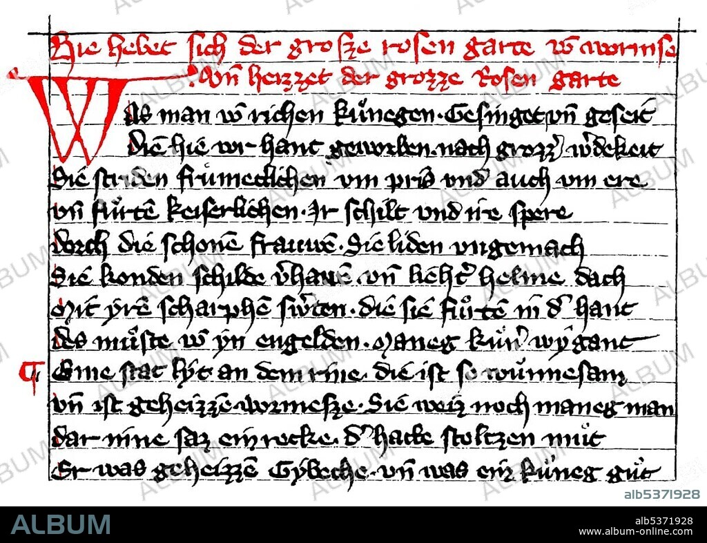 Historic print, manuscript, Middle High German epic poem, The Great Rose Garden or Rose Garden of Worms, Nibelungen and Dietrich saga, 14th Century, from the Illustrated Atlas of the History of German National Literature by Gustav Koennecke, 1887