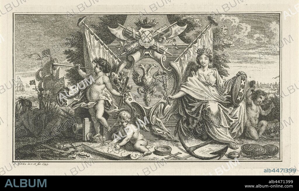 Amsterdam City Virgin with a coat of arms, The crowned Amsterdam City Virgin with the arms of Amsterdam in her hand holds the caduceus for a coat of arms with the image of a double-headed eagle, crowned with crossed axes. On the other side of the coat of arms, a putto blows the trumpet., Cities represented allegorically or symbolically (with NAME) - personification of a city, town patron (ess), double-headed eagle, Fame, 'Fama', 'Fama buona', 'Fama chiara' (Ripa), Amsterdam, Simon Fokke (mentioned on object), 1749, paper, etching, h 88 mm × w 152 mm.