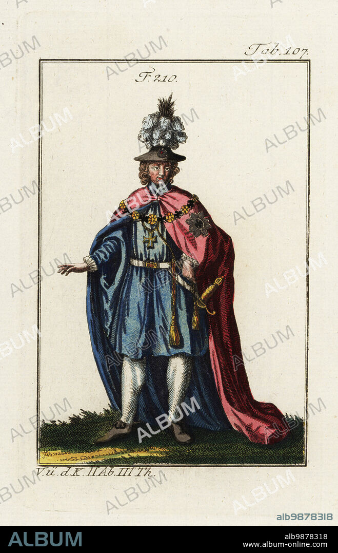 Knight of the Order of the Black Eagle, the highest order of chivalry in the Kingdom of Prussia founded in 1701 by Elector Friedrich III of Brandenburg. The ceremonial robes included a red velvet cape with blue lining and an embroidered star on the left shoulder. Copied from an illustration by Christoph Weigel in Philipp Bonannis Ritter-Ordern, 1728. Handcolored copperplate engraving from Robert von Spalart's Historical Picture of the Costumes of the Principal People of Antiquity and Middle Ages, Vienna, 1802.