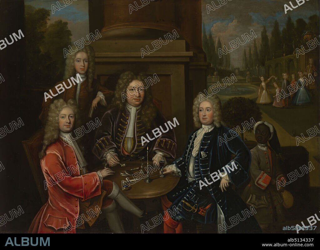 Elihu Yale seated at table with the Second Duke of Devonshire and Lord James Cavendish, ca. 1708, Oil on copper, 39.4 × 53.3 × 0.2 cm (15 1/2 × 21 × 1/16 in.), Not on view, British(?), 18th century, Paintings.