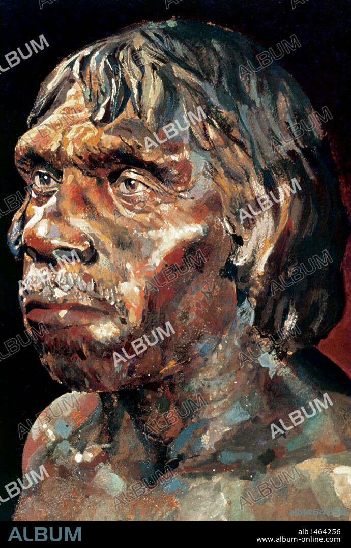Upper Paleolithic. Drawing depicting Tautavel Man.(450,000 years old). Caune de L'Arago. Tautavel. France.