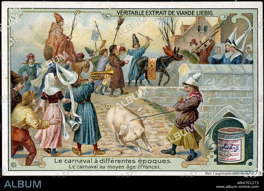 Le carnaval au Moyen Age. (Fete de l'ane ou des fous). Au Moyen Âge, la fête des fous et la fête de l'âne furent très populaires. La fête des fous était célébrée le jour de Noël le 25 décembre, (ou 26 , 27, 28...) ou le jour de l'An ou de l'Épiphanie. Elle rappellait les Saturnales romaines. C'était un temps de liberté où les domestiques devenaient les maîtres et les maîtres les domestiques. Illustration anonyme pour un chromo publicitaire Liebig. Credit : Collection KHARBINE-TAPABOR.
