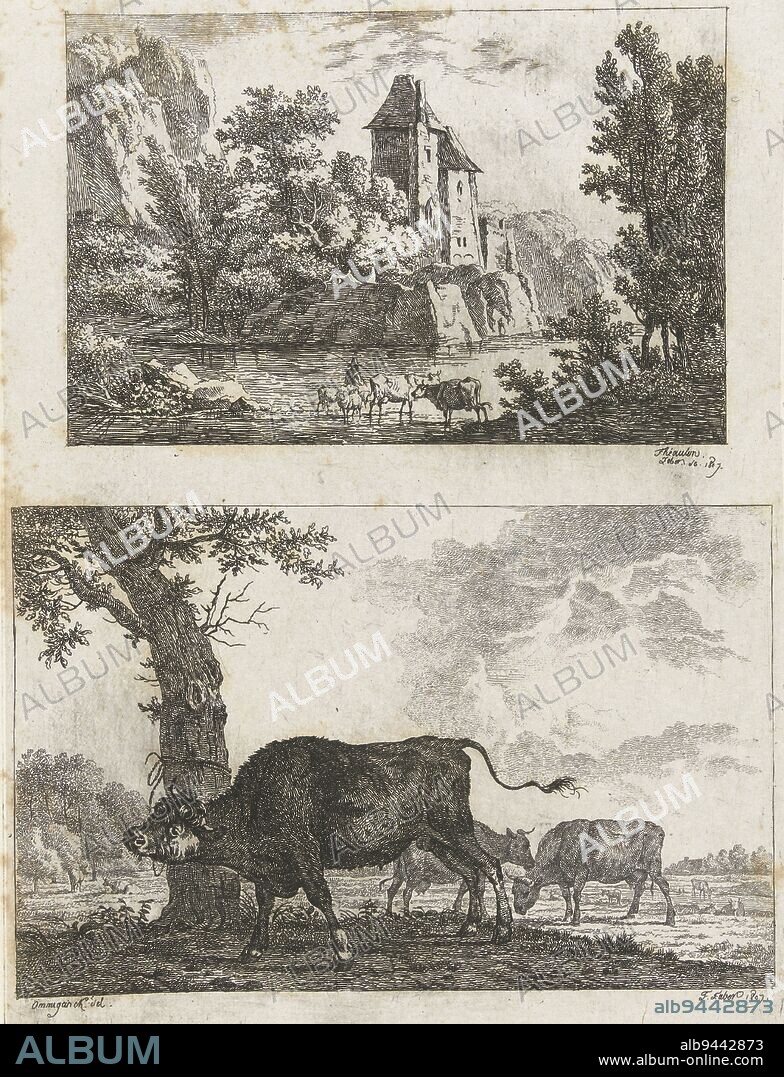 Landscape and bull, Frédéric Théodore Faber, after Etienne Theaulon, after Balthasar Paul Ommeganck, 1807, Two landscapes on one sheet. Top: a mountain landscape with a view of a castle and in the foreground a shepherd with his flock in shallow water. Below: a bull, tied to a tree with a rope., print maker: Frédéric Théodore Faber, (mentioned on object), Etienne Theaulon, (mentioned on object), intermediary draughtsman: Balthasar Paul Ommeganck, (mentioned on object), print maker: Brussels, France, intermediary draughtsman: Antwerp, 1807.