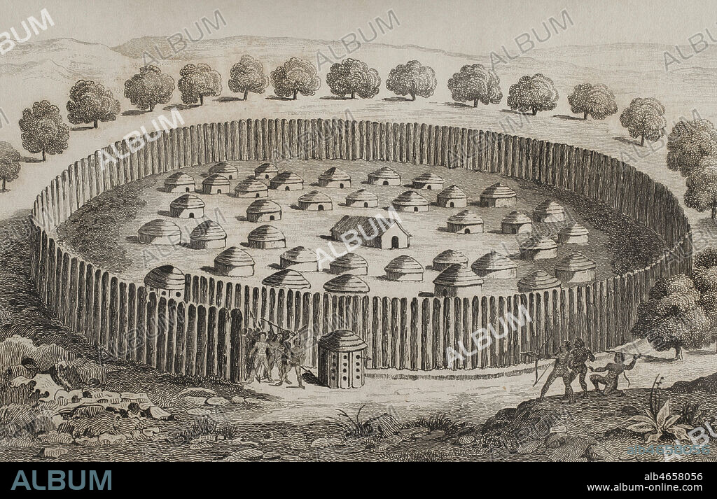 Estados Unidos. Expedición francesa del siglo XVI. Florida. Campamento de los indios Timucua. Arquitectura tradicional de los poblados indígenas, con instalación de empalizada defensiva. En la expedición Jacques Le Moyne de Morgues (1533-1588) realizó las ilustraciones. Grabado del siglo XIX por Vernier, inspirado en los originales de Jacques Le Moyne. Panorama Universal. Historia de los Estados Unidos de América, por Roux de Rochelle. Edición española, impresa en Barcelona,1850.