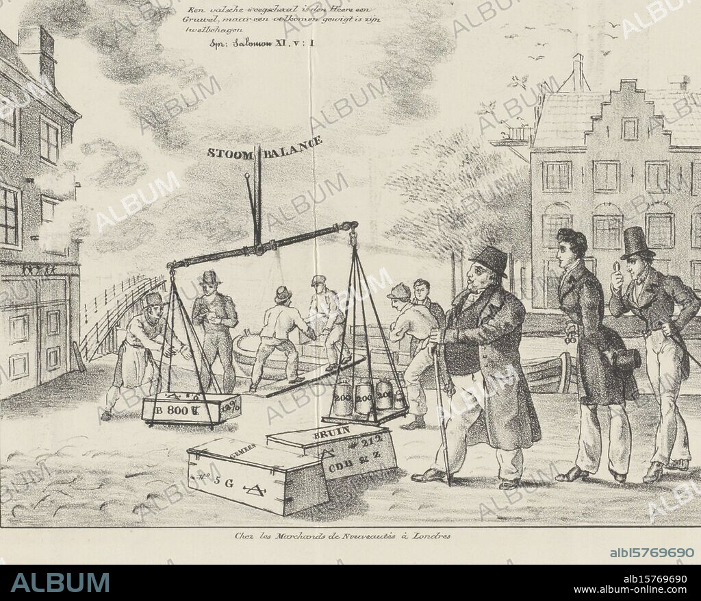 Cartoon on the deception of the company C. de Bruyn & Zonen, 1834, Steam Balance (title on object), Cartoon on the deception with a false scale of the company C. de Bruyn & Zonen, 1834. The company owned the first steam sugar refinery on the Lijnbaansgracht in Amsterdam. On January 8, 1834, they were caught using a balance with one arm extended. In the center is the false balance hanging from the steam clouds coming from the 'De Vijf Gebroeders' factory and on which crates of sugar are weighed. Right C. de Bruyn with his two sons. In the clouds a Bible quote., print, print maker: anonymous, publisher: anonymous, (mentioned on object), Netherlands, 1834, paper, height, 278 mm × width, 407 mm.