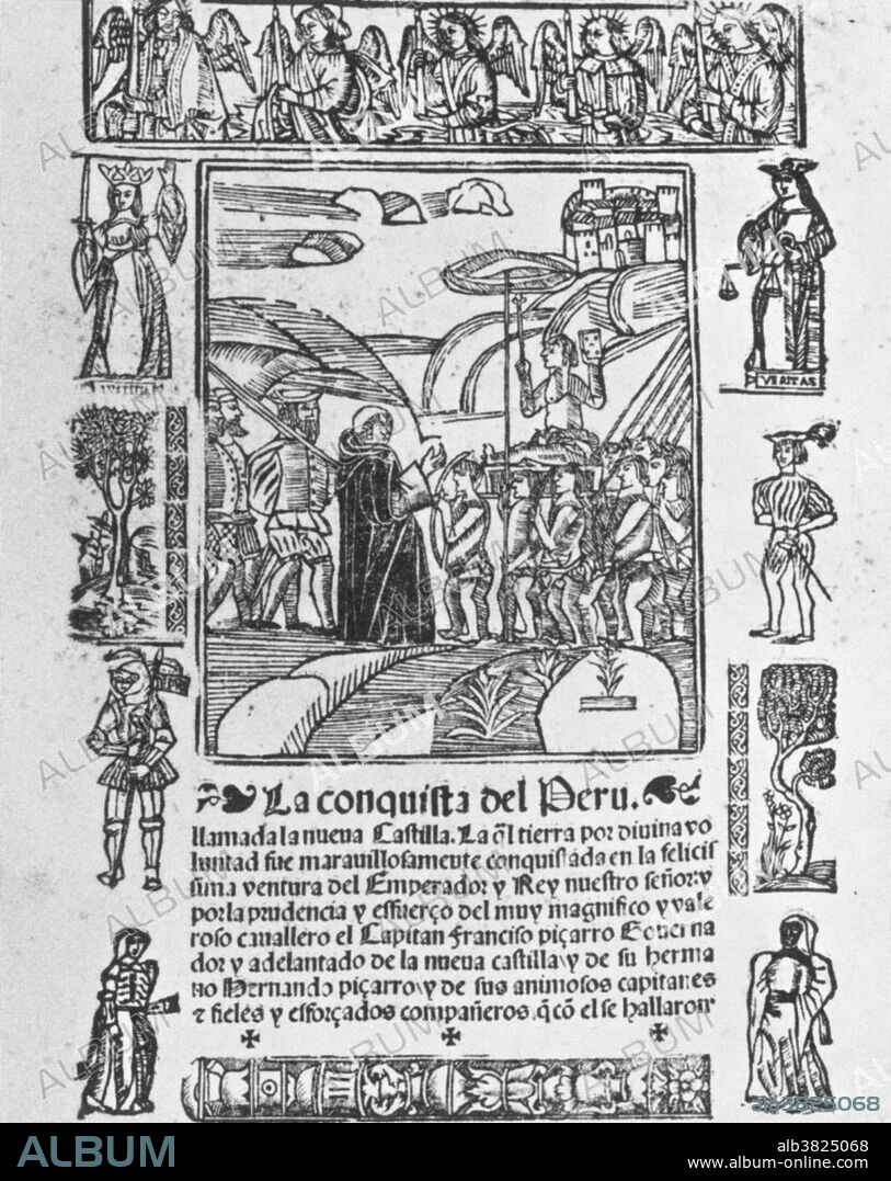 This 1534 woodcut, title page of an anonymous chronicle attributed to a member of the expedition, shows Atahualpa seated on a litter, being offered a Bible by the priest Valverde. Atahualpa (1497-1533) was the last sovereign emperor of the the Inca Empire, prior to the Spanish conquest of Peru. During the Spanish conquest of the Inca Empire, the Spaniard Francisco Pizarro captured Atahualpa and used him to control the Inca empire. The outnumbered Spanish saw Atahualpa as too much of a liability and decided to execute him. Pizarro staged a mock trial and found Atahualpa guilty of revolting against the Spanish, practicing idolatry, and murdering Huascar, his brother. Atahualpa was sentenced to execution by burning. Atahualpa was sentenced to be burned but agreed to convert to Catholicism. He was given the name Juan Santos Atahualpa. He was strangled with a garrote and following his execution, his clothes and some of his skin were burned.