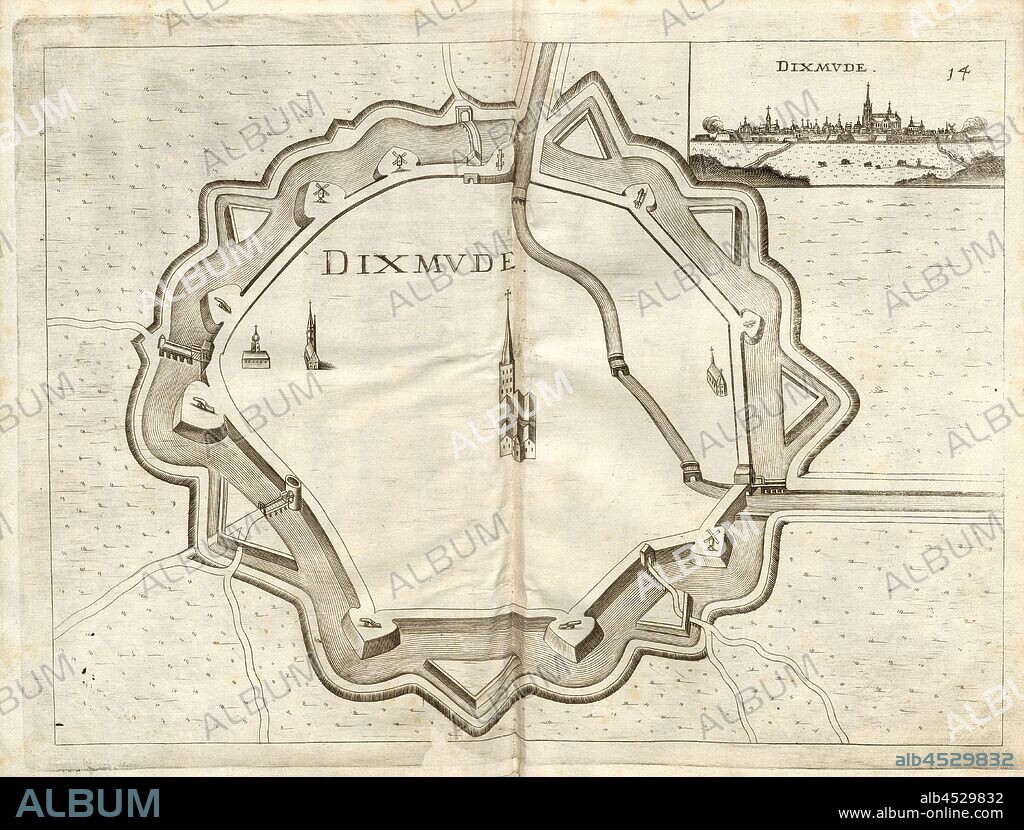 Dixmude, Plan and view of the fortification of Diksmuide (Belgium), Fig. 16, 14, after p. 148, 1683, Galeazzo Gualdo Priorato: Teatro del Belgio, o sia descritione delle diecisette provincie del medesimo: con le piante delle città, e fortezze principali; da chi al presente possesse; come, in qual modo, & in qual tempo acquistate: aggiontovi un succinto racconto di quanto è occorso dalla mossa d'armi del re christianissimo contro gli Stati Generali delle Provincie Unite sin'al fine del 1672. Francofort: [nicht ermittelbar], M.DC.LXXXIII. [1683].