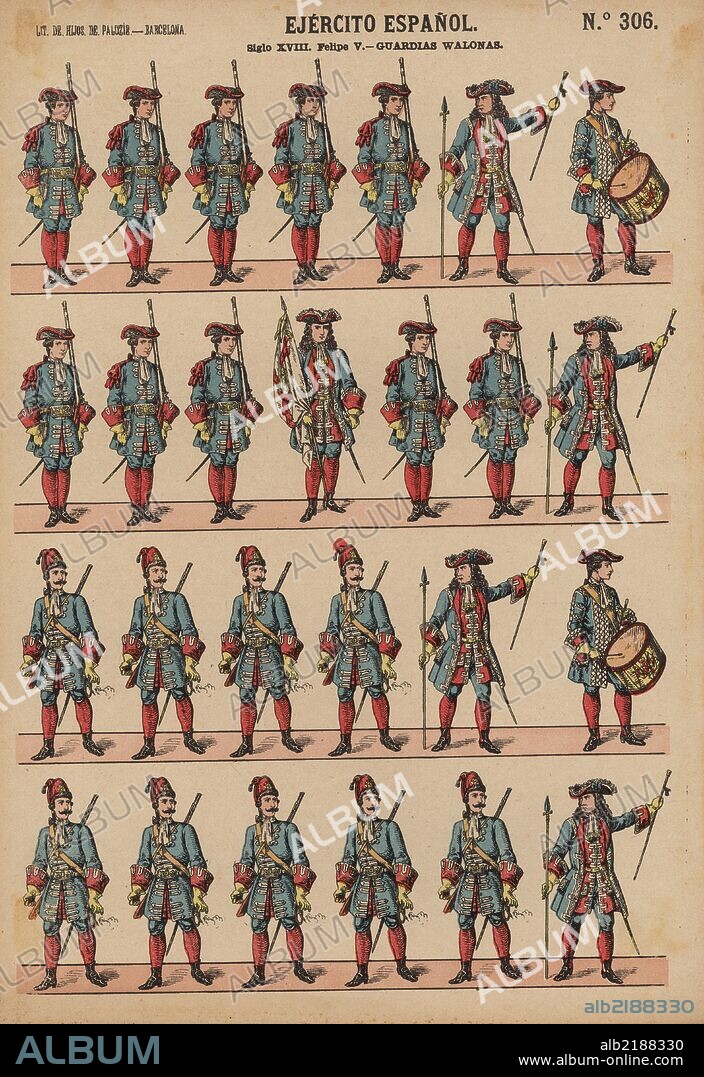 Recortable del Ejército Español. Infantería. Guardias Walonas. Felipe V. Editado en Barcelona por Paluzie, años 1880.