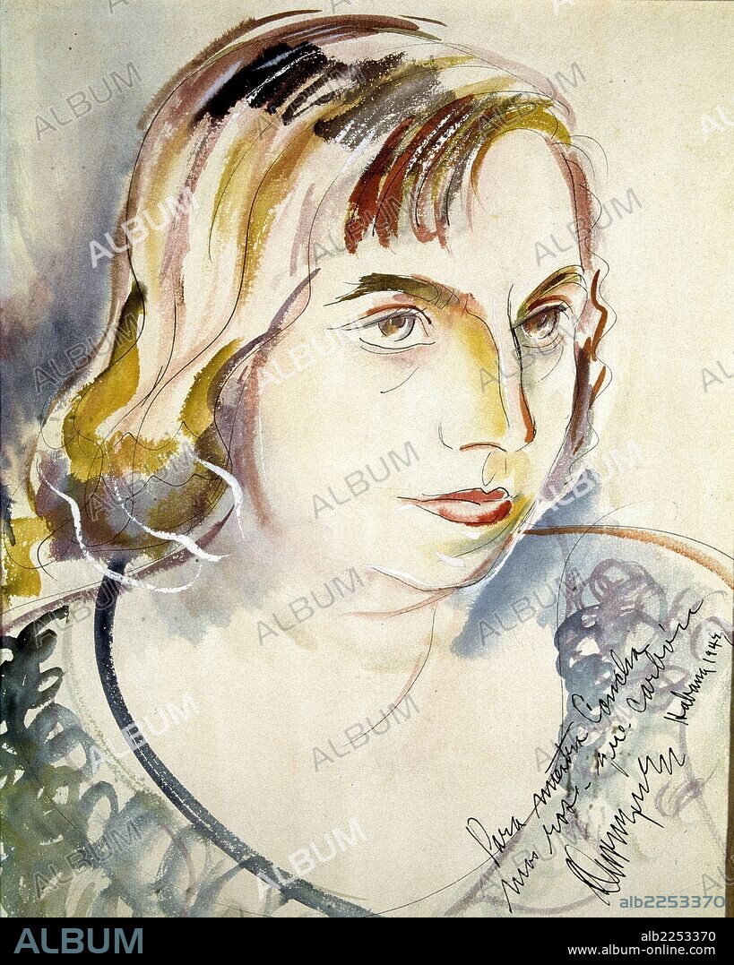CONCHA MENDEZ. ESCRITORA ESPAÑOLA , ESPOSA DE MANUEL ALTOLAGUIRRE. RETRATO ACUARELA DE CARLOS ENRIQUEZ , AÑO 1943.