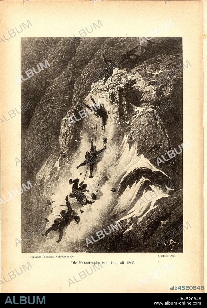 The catastrophe of July 14, 1865, Crash of Michel Croz, Reverend Charles Hudson, Lord Francis Douglas, D. Robert Hadow after the first ascent of the Matterhorn, signed: Gustave Doré, frontispiece, Doré, Gustave, Theodor Wundt: Das Matterhorn und seine Geschichte. Berlin: Raimund Mitscher, [1896].