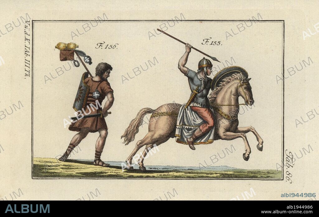 Roman cavalry with javelin (verutum) and a Roman soldier on the march with his pack, sword (gladius) and shield (scutum). Handcolored copperplate engraving from Robert von Spalart's "Historical Picture of the Costumes of the Principal People of Antiquity and of the Middle Ages" (1798).