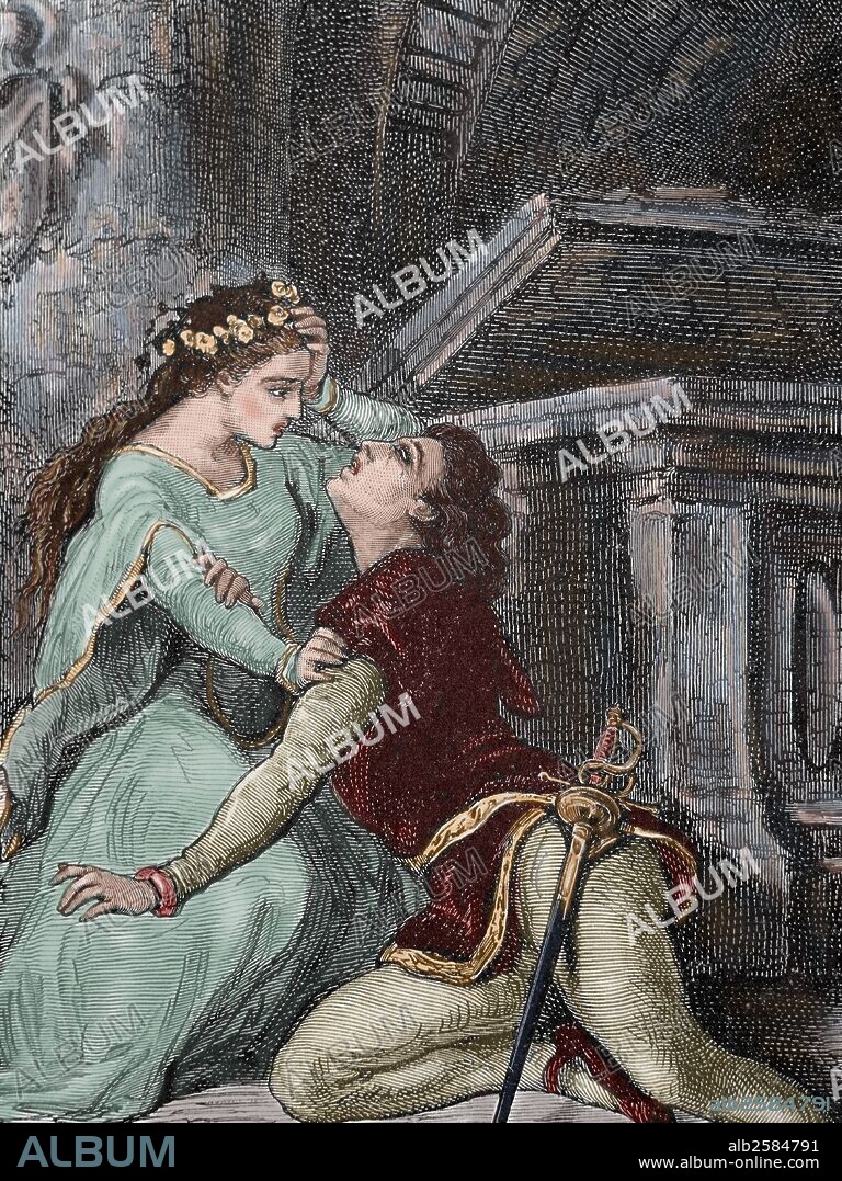 William Shakespeare (1564-1616). English writer. Romeo and Juliet. Death of Romeo. Engraving, 19th century. Colored.