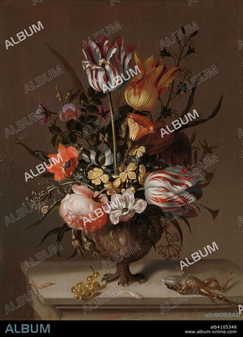 JACOB MARREL. Still Life with a Vase of Flowers and a Dead Frog. Stilleven met bloemvaas en dode kikvors. Dating: 1634. Measurements: h 40 cm × w 30 cm.
