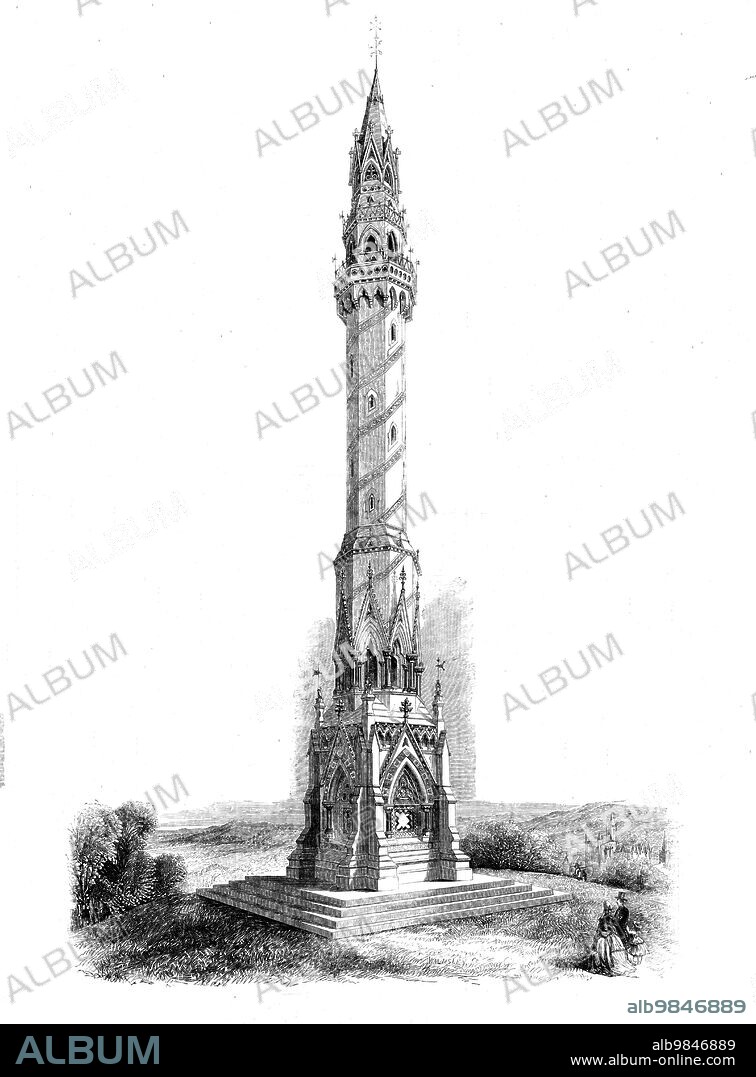 Monument to the Late Earl of Ellesmere to be raised at Worsley, 1858. 'About 161 models and designs were sent for competition...The committee selected what they considered the six best designs, which they submitted to Mr. Edward Barry of London, who, without knowing their authors, adjudged the first prize to Messrs. Driver and Webber, of London, who will have to erect and complete the monument for £1800...[The memorial] is a tower of Transition Gothic character, and is composed of an octagonal shaft, rising 132 feet from an enriched base, which is approached by bold stone steps, forming a spacious platform and footing to the whole 49 feet square...The shafts of detached columns are formed of marble, with carved caps and moulded bases...At the top of the shaft a room is constructed, and lighted on each face by deeply-recessed windows. This room commands an extended view, and may be used with advantage as an observatory, if desired...When completed the monument will, it is said, be visible from six counties'. From "Illustrated London News", 1858.