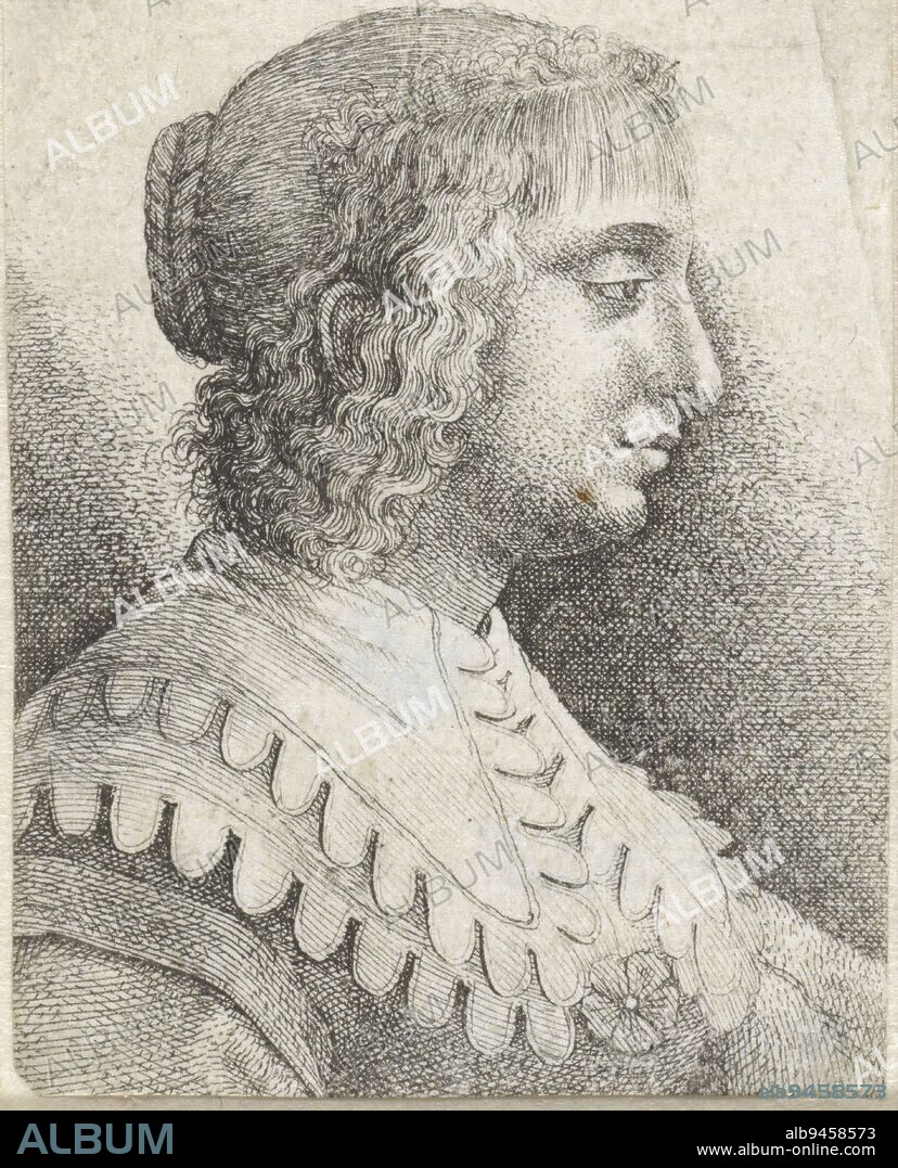 Portrait of a young woman with collar Reisb, print maker: Wenceslaus Hollar, (mentioned on object), Jan van Bijlert, (mentioned on object), Germany, 1636, paper, etching, h 59 mm - w 45 mm.