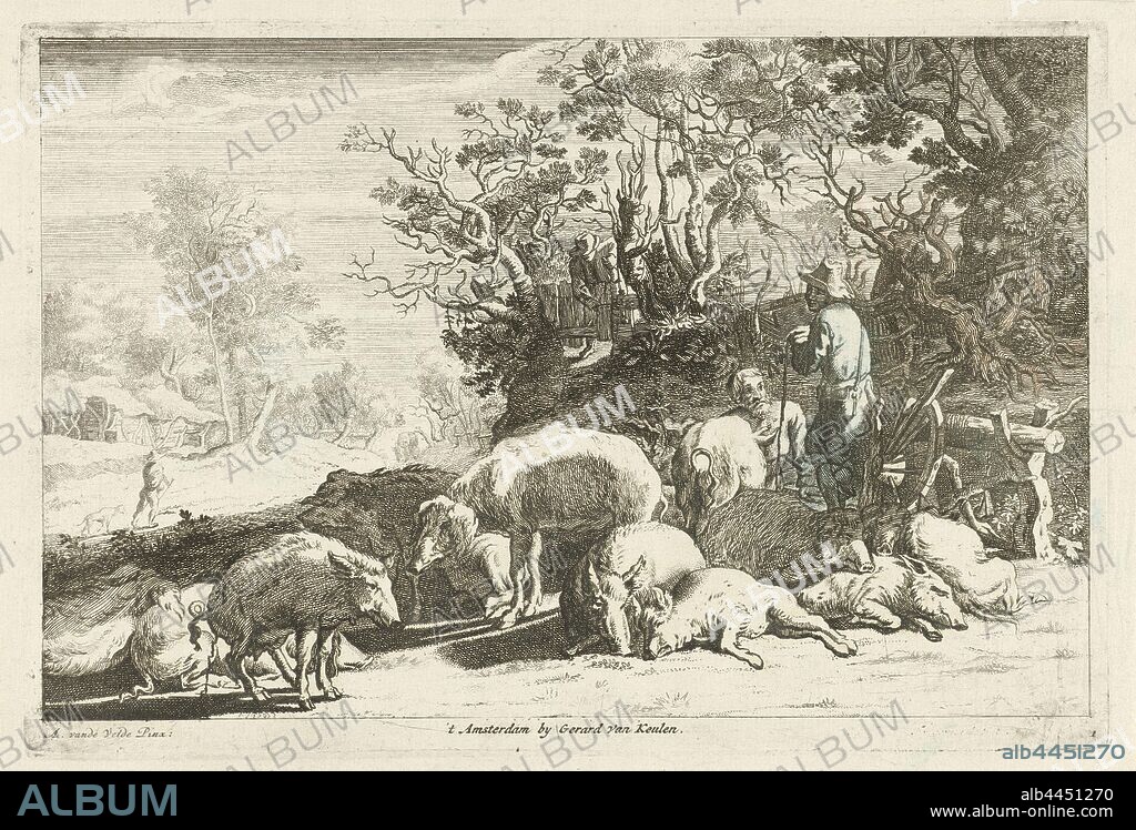 Pork herdsman with herd of pigs, Forest landscape with herd of pigs and a pig herdsman. In the left foreground a pooing pig. In the background on a hill, among the trees, a fence with a man by a fence. Bottom right: 1, pig, Johannes Gronsveld, Amsterdam, 1670, paper, engraving, h 192 mm × w 285 mm.