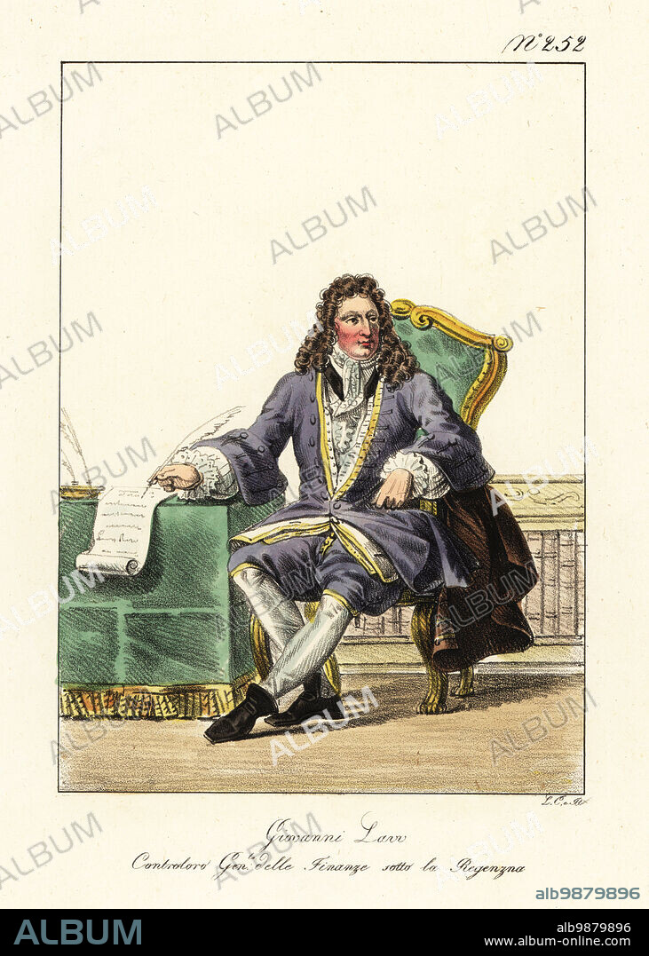 John Law, 1671-1729, Scottish economist and banker who served as Controller General of Finances under the French Regency, 1715-1723. In purple coat and breeches, hose, bootlets, with quill pen and scroll. Jean Law. Controleur General des Finances sous la Regence. Handcoloured lithograph by Lorenzo Bianchi and Domenico Cuciniello after Hippolyte Lecomte from Costumi civili e militari della monarchia francese dal 1200 al 1820, Naples, 1825. Italian edition of Lecomtes Civilian and military costumes of the French monarchy from 1200 to 1820.