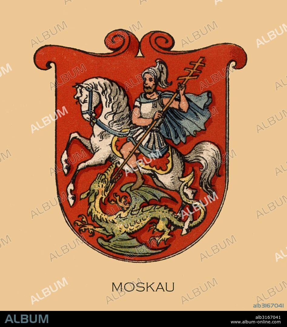 Europa. Escudo heráldico de la ciudad de Moscú, Rusia. Grabado de 1870.