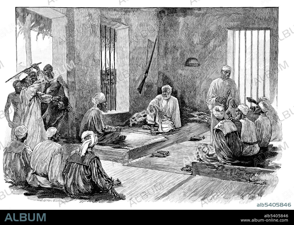 Governor Tippu Tip holding council with his sheiks at Stanley Falls. Tippu Tip (1832 - June 14, 1905), real name Hamad bin Muhammad bin Juma bin Rajab el Murjebi, was a Swahili-Zanzibari slave trader, ivory trader, explorer, plantation owner and governor of Stanley Falls. He worked for a succession of the sultans of Zanzibar. Tippu Tip traded in slaves for Zanzibar's clove plantations. As part of the large and lucrative ivory trade, he led many trading expeditions into Central Africa by constructing profitable trading posts that reached deep into the region. He bought the ivory from local suppliers and resold it for a profit at coastal ports. Image taken from page 185: Five Years with the Congo Cannibals by Herbert Ward, 1890.