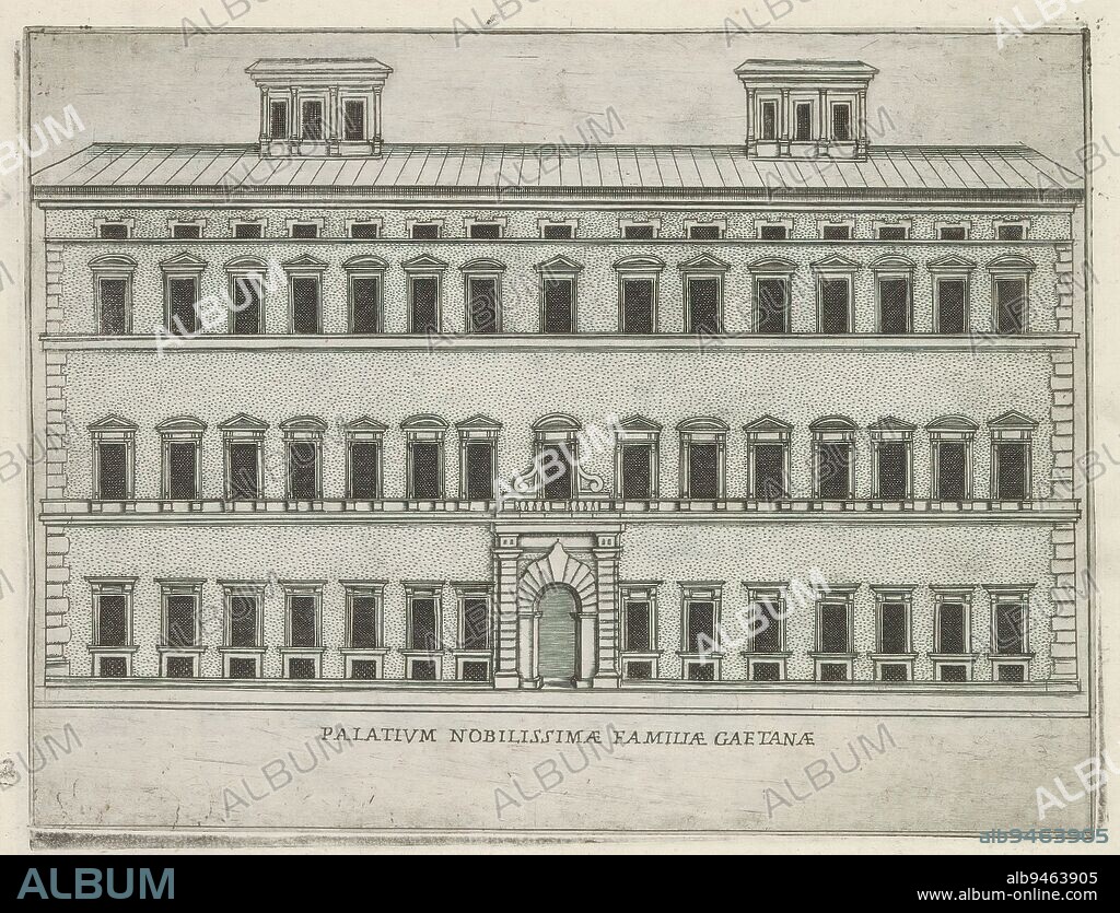 Façade of Palazzo Caetani in Rome, Palatium nobilissimae familiae Gaetanae (title on object), Famous buildings in Rome and beyond (series title), Palazzi diversi nel'alma cità di Roma, et altre (series title on object), Print is part of an album., print maker: Giacomo Lauro, after design by: Bartolomeo Ammannati, publisher: Giovanni Battista de'Rossi, print maker: Rome, after design by: Rome, publisher: Rome, Vaticaanstad, 1638, paper, etching, height 178 mm × width 236 mm.