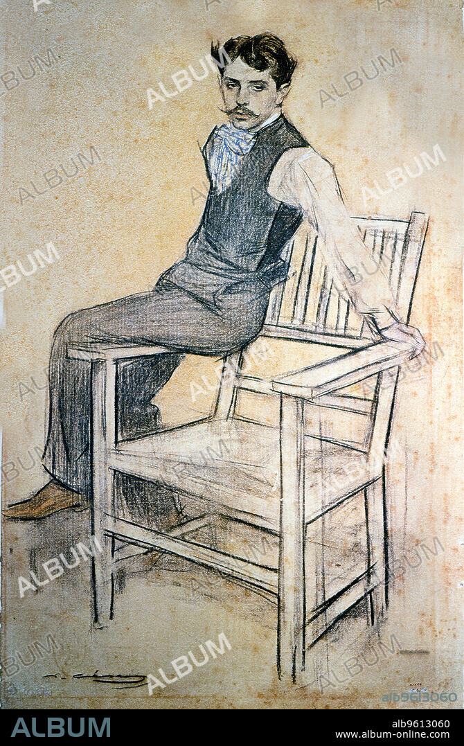 Portrait of Eduardo Marquina y Angulo (1879 - 1946). Spanish writer, charcoal drawing by Ramon Casas.