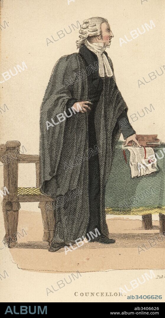 Councellor or lawyer in the court of law, with black robes and wig, holding legal briefs on a table. Handcoloured copperplate engraving from William Henry Pyne's The World in Miniature: England, Scotland and Ireland, Ackermann, 1827.