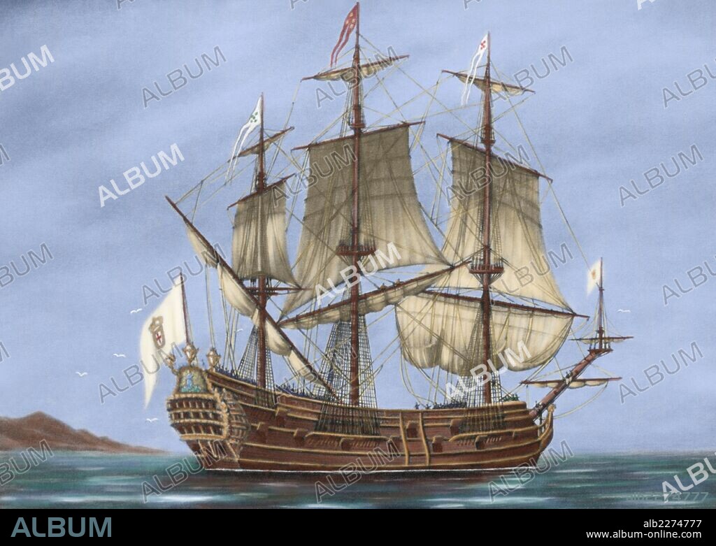 Galleon Saint Lucia. 17th century. The Grand Duke Ferdinand I of Tuscany in 1608 organized an expedition to northern Brazil, commanded by English captain Robert Thornton, to establish colony  in America. Engraving. Colored.