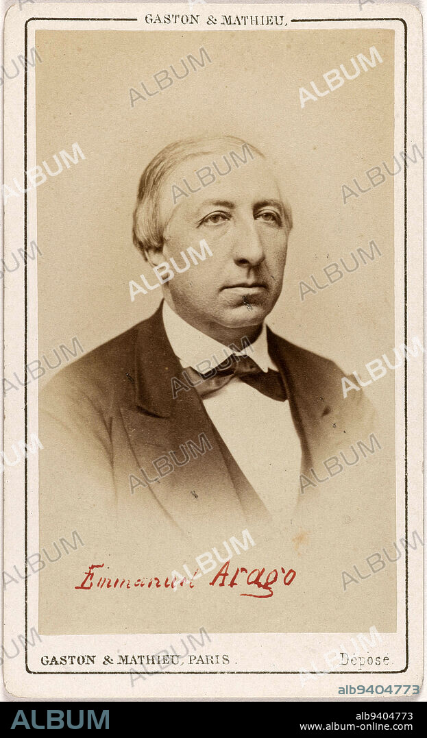 Portrait of Emmanuel Arago, (1812-1896), (politician), Gaston & Mathieu, Photographer, Between 1860 and 1890, 2nd half of the 19th century, Photography, Graphic arts, Photography, Albumen paper print, Dimensions - Work: Height: 9.2 cm, Width: 5.4 cm, Dimensions: Height: 10.5 cm, Width: 6.4 cm.
