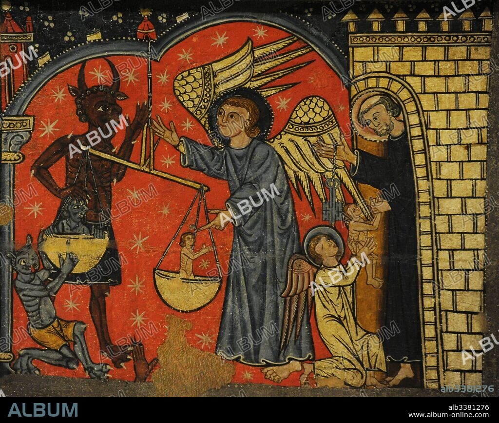 Master of Soriguerola (active late 13th century-early 14th century). Panel of Saint Michael. Detail depicting Saint Michael with the devil weighing souls and an angel delivering the soul of a chosen one to Saint Peter. End of 13th century. From the Parish Church of Sant Miquel de Soriguerola (Fontanals de Cerdanya, Catalonia). National Art Museum of Catalonia. Barcelona. Catalonia. Spain.
