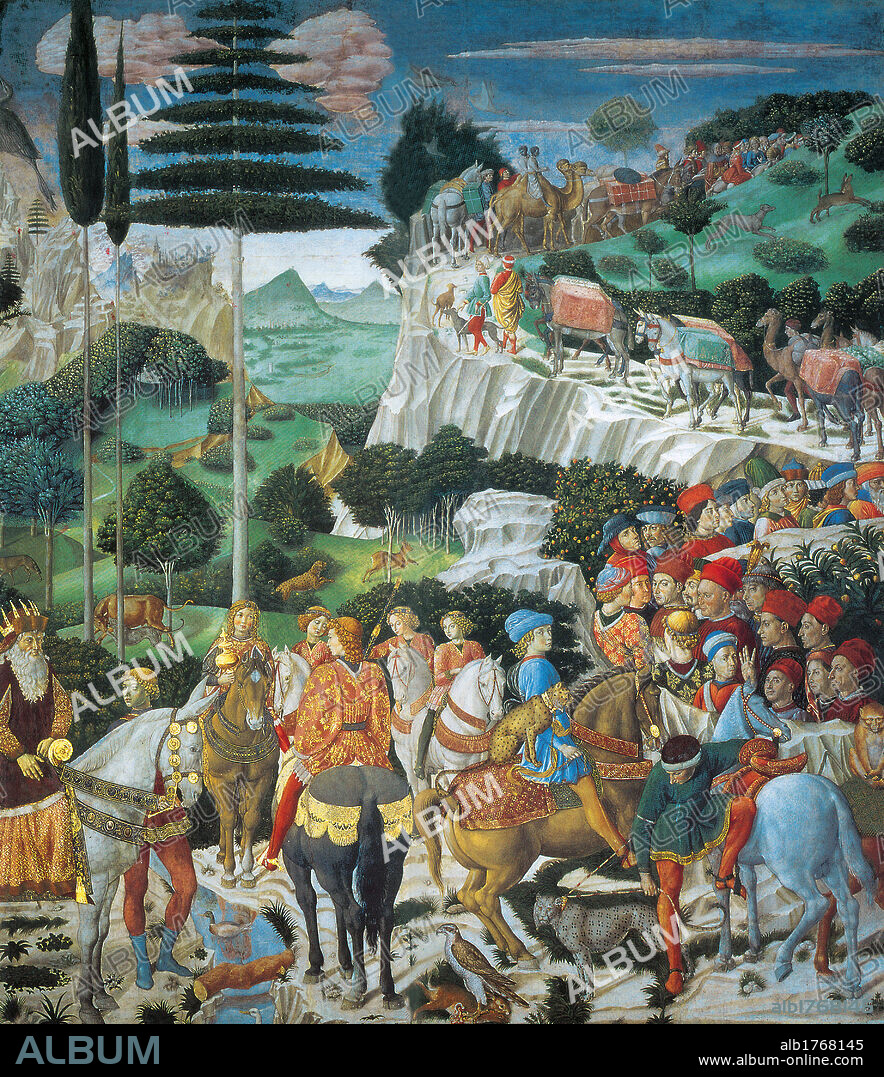 Magi Chapel. Journey of the Magi (The Magi Ride), by Benozzo di Lese di Sandro known as Benozzo Gozzoli, 1459, 15th Century, fresco,. Italy, Tuscany, Florence, Palazzo Medici-Riccardi. Right side fascia. Detail. West wall. Court of Melchior. Head of the procession horses, camels, load, dogs, men, path, mountain.