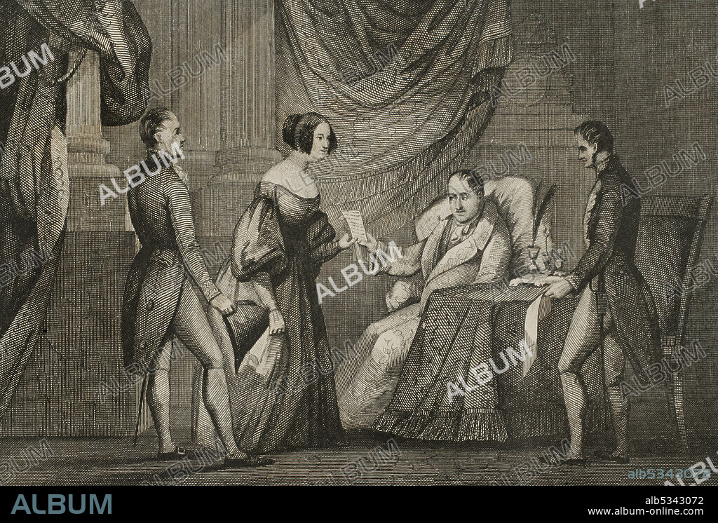 VAN HALEN FRANCISCO DE PAULA, SPANISH ARTIST. SERRA and SPANISH ENGRAVER. Spain. Events of La Granja (1832). Conspiracy carried out by supporters of Carlos María Isidro, the king's brother, to abolish the Pragmatic Sanction of 1789 that Ferdinand VII had just enacted on 29 March 1830. It allowed women to reign if they had no male siblings, making Ferdinand VII's daughter, Isabella, the legitimate heiress to the Spanish throne in detriment of Carlos María Isidro. This caused a civil war, the First Carlist War, as Isabella was not recognised as the heiress to the throne by the supporters of Carlos María Isidro, known as Carlists. King Ferdinand VII (1784-1833) hands over Doña María Cristina the Decree of 6 October 1832, by virtue of which, due to his illness, he delegated government matters to her. Illustration by Francisco de Paula Van Halen. Engraving by Serra. Panorama Español, Crónica Contemporánea. Madrid, 1842.