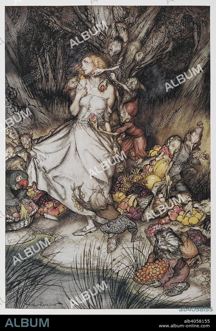 CHRISTINA GEORGINA ROSSETTI und ARTHUR RACKHAM. A girl standing under a tree surrounded by elves and goblins selling fruit. Goblin Market ... Illustrated by Arthur Rackham. London : G. G. Harrap & Co., 1933. 'White and golden Lizzie stood.'. Source: 11643.cc.64 Facing p. 36.