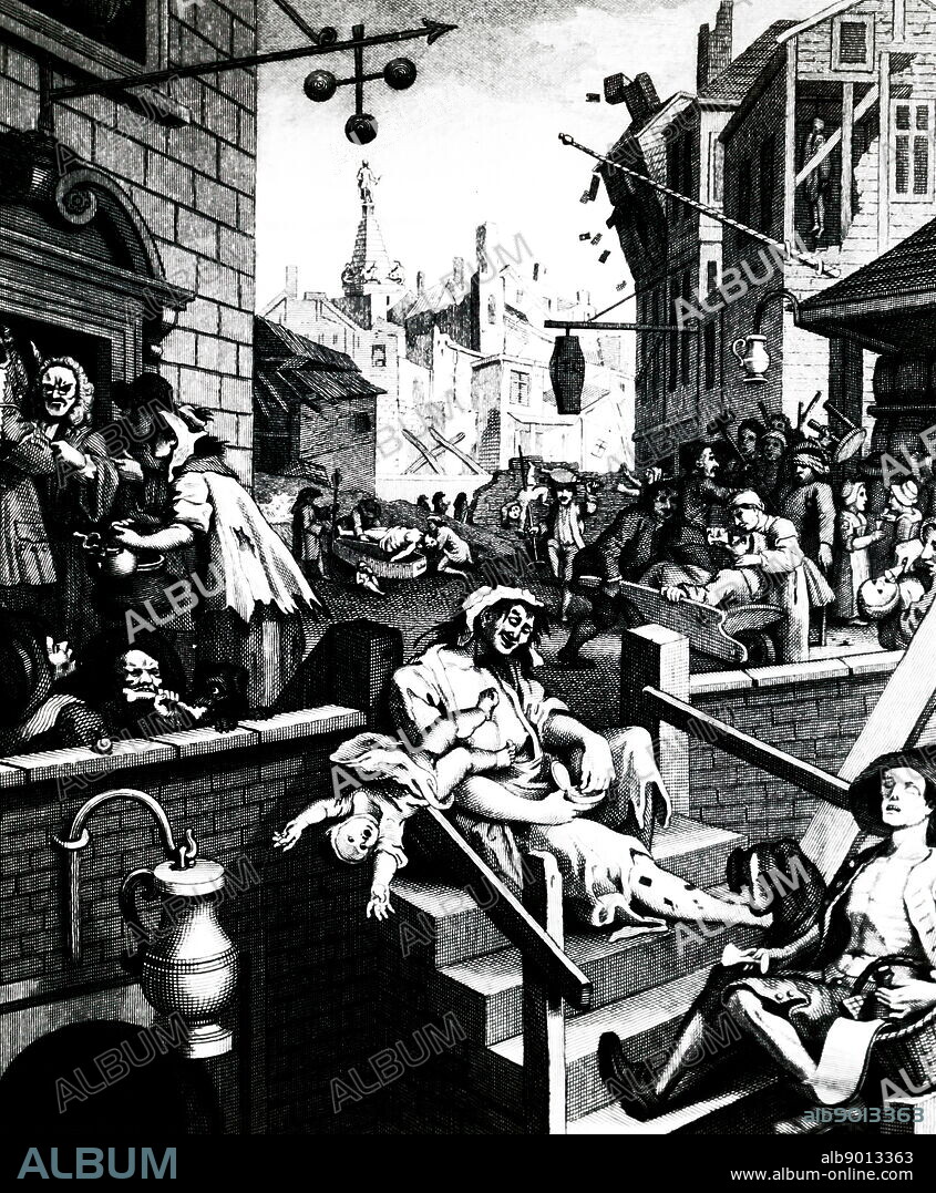 Engraved An engraving 'Gin Lane' by William Hogarth (1697-1764), showing the evils of unbridled drinking of spirits. Drinking eased the miseries of poverty, but worsened rather than improved the affliction.
