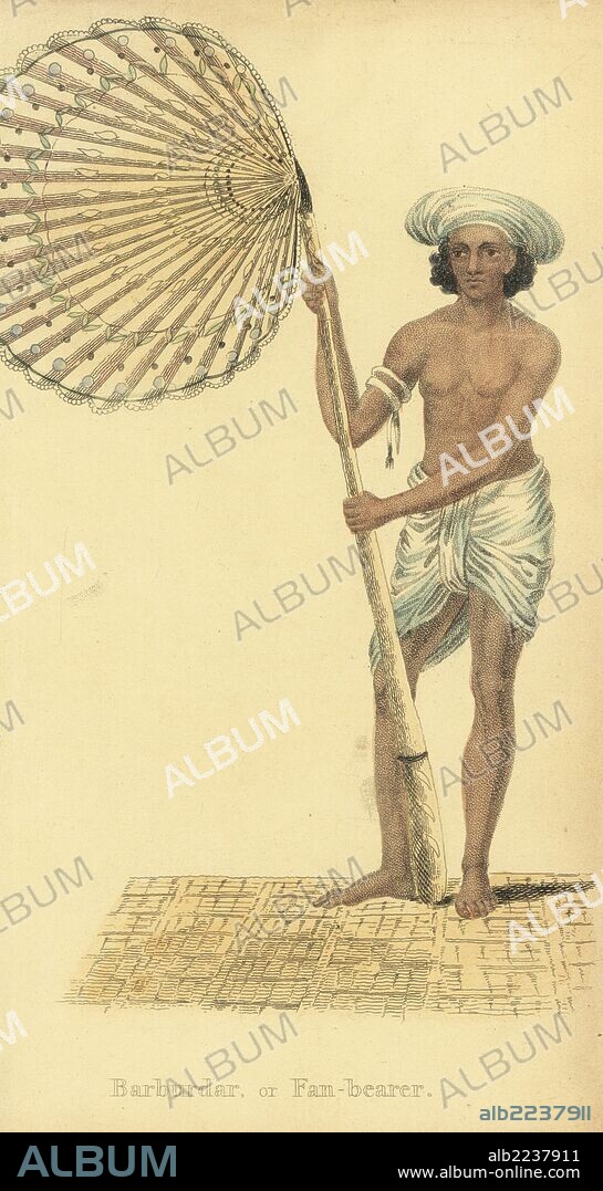 Barburdar, punkah wallah or fan bearer, in loincloth and turban, with fan made of a palmyra leaf. Handcoloured copperplate engraving by an unknown artist from "Asiatic Costumes," Ackermann, London, 1828.