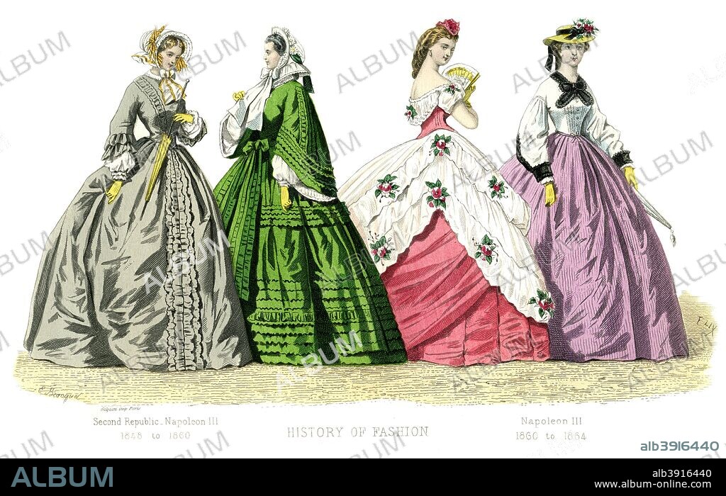 French costume: Second Republic, Napoleon III, (1882). Illustration showing costume from 1832-1864, from The History Of Fashion In France by Augustin Challamel, Frances Cashel Hoey and John Lillie, (1882).