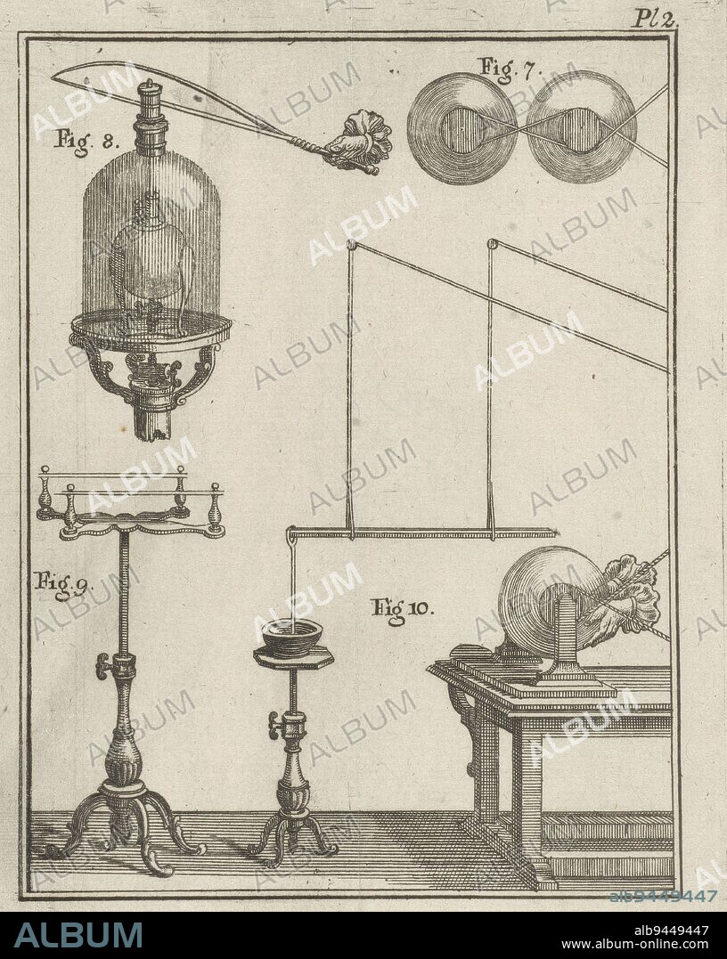 Representation of instruments for physical research, marked with numbers Print marked in upper right corner: Pl 2, Physical Instruments, print maker: Nicolaas van Frankendaal, publisher: Kornelis van Tongerlo, Amsterdam, 1759, paper, etching, h 154 mm × w 116 mm.