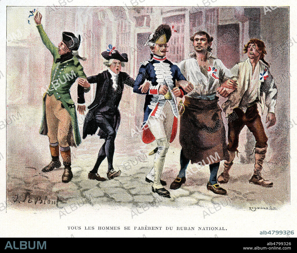 Tous les hommes se parerent du ruban national (la cocarde tricolore). Illustration de 1897 par Julien LE BLANT (1851-1936) pour Au drapeau! de Maurice LOIR (1852-1924). Credit : Collection Jonas/Kharbine-Tapabor.