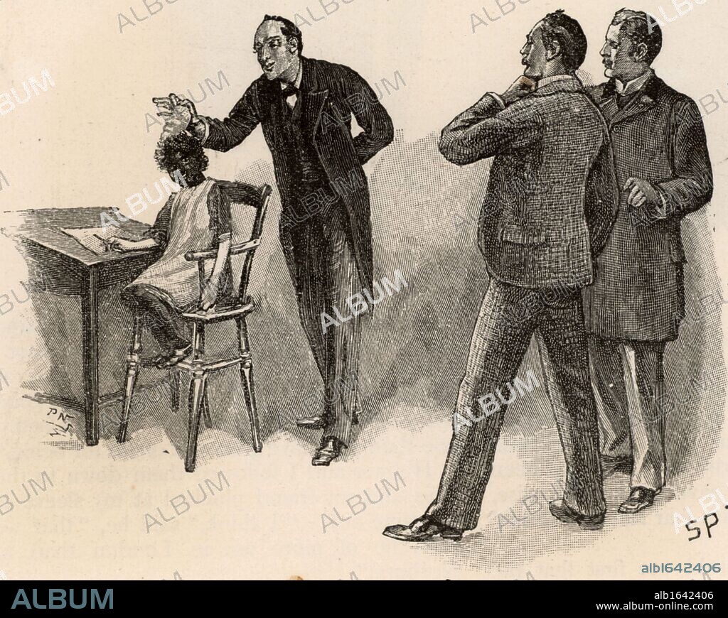 The Adventure of the Yellow Face'. Holmes reveals to Jack Grant Munro and to Dr Watson, right, the reason for the suspicious behaviour of Munro's wife - that her first, dead, husband was black and that she is keeping his child with a nurse at a nearby cottage. From "The Adventures of Sherlock Holmes" by Conan Doyle from "The Strand Magazine" (London, 1893). Illustration by Sidney E Paget, the first artist to draw Sherlock Holmes. Engraving. (Photo by: Universal History Archive/UIG via Getty Images).