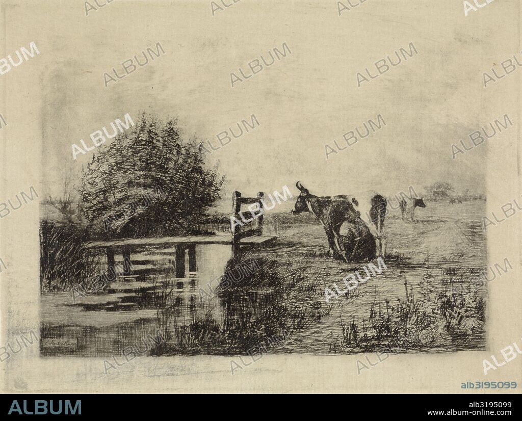 Farmer milking a cow in a pasture, Elias Stark, 1886.