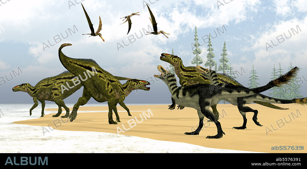 Two Alioramus theropod dinosaurs confront a herd of Shantungosaurus herbivores as Anhanguera pterosaurs fly overhead.