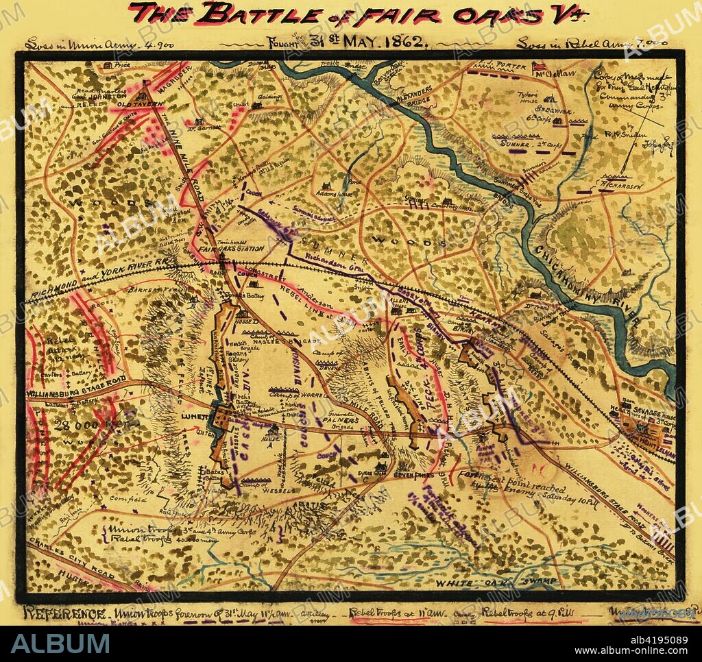 Battle of Fair Oaks, Va.. Fought 31st May 1862..  Henrico County, Va., east of the city of Richmond and south of the Chickahominy River, where the Battle of Fair Oaks, or Seven Pines, took place 31 May-1 June 1862. Confederate Gen. J. E. Johnston's plan to attack the Union Army of the Potomac's IV Corps (under Keyes) at Fair Oaks called for Longstreet to approach from the northeast via the Nine Mile Road; D. H. Hill was at attack second from the southeast along the Williamsburg Road; and Huger was to protect the Confederate right flank from the Charles City Road. Thanks to confusion that resulted in Longstreet's forces blocking Hill's and Huger's, and strong reinforcement of the Union lines, the battle, though fierce, was essentially a draw. - Robert Knox Sneden.