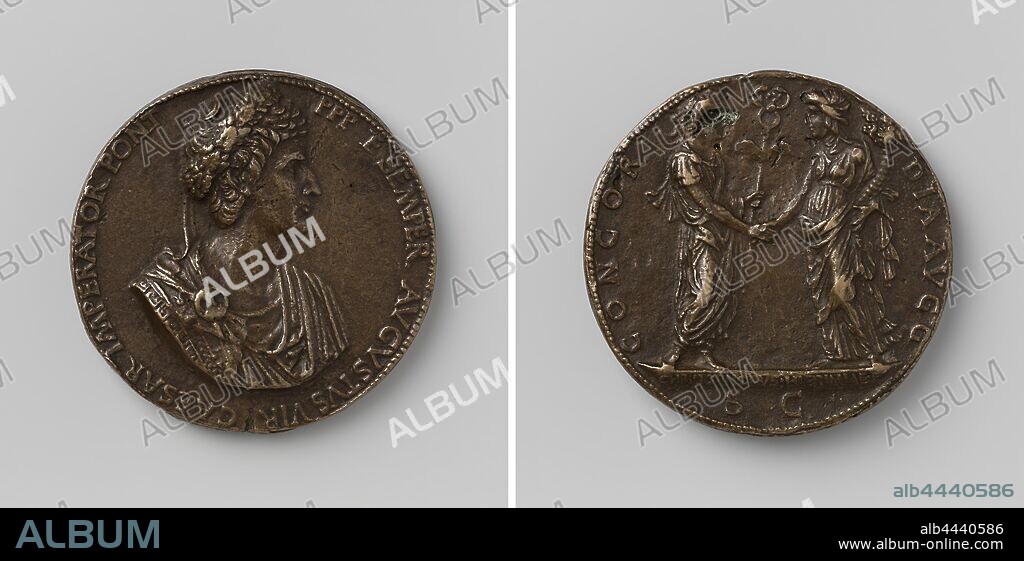 Constantine the Great, Roman Emperor, Bronze Medal. Front: man's bust piece with a wreath in her to the right in a circular. Reverse: emperor in gown with Mercury staff in left hand shakes hand of Abundance, holding stuffed horn within circumscription, cut off: signature and inscription, Constantine the Great (emperor of the Roman Empire), Cristoforo di Geremia, Rome, 1430 - 1476, bronze (metal), founding, d 7.1 cm × w 207.80 gr.