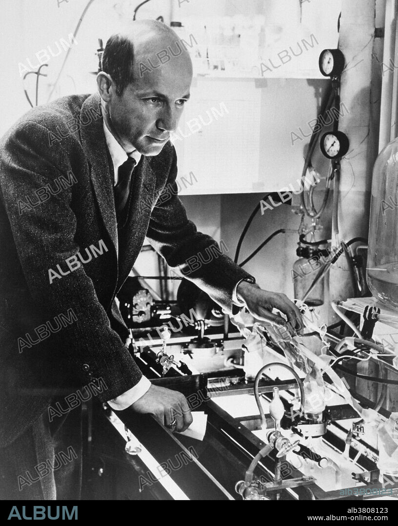 Calvin with early photosynthesis apparatus in the old chemistry lab as a freshman, 1948. Melvin Ellis Calvin (April 8, 1911 - January 8, 1997) was an American chemist. He joined the faculty at the University of California, Berkeley in 1937 and was promoted to Professor of Chemistry in 1947. Using the carbon-14 isotope as a tracer, Calvin, Andrew Benson and James Bassham mapped the complete route that carbon travels through a plant during photosynthesis, starting from its absorption as atmospheric carbon dioxide to its conversion into carbohydrates and other organic compounds. In doing so, they showed that sunlight acts on the chlorophyll in a plant to fuel the manufacturing of organic compounds, rather than on carbon dioxide as was previously believed. Calvin was the sole recipient of the 1961 Nobel Prize for Chemistry for what is sometimes known as the Calvin-Benson-Bassham Cycle. He was also the founder and Director of the Laboratory of Chemical Biodynamics and simultaneously Associate Director of Berkeley Radiation Laboratory, where he conducted much of his research until his retirement in 1980. He died in 1997 at the age of 85.